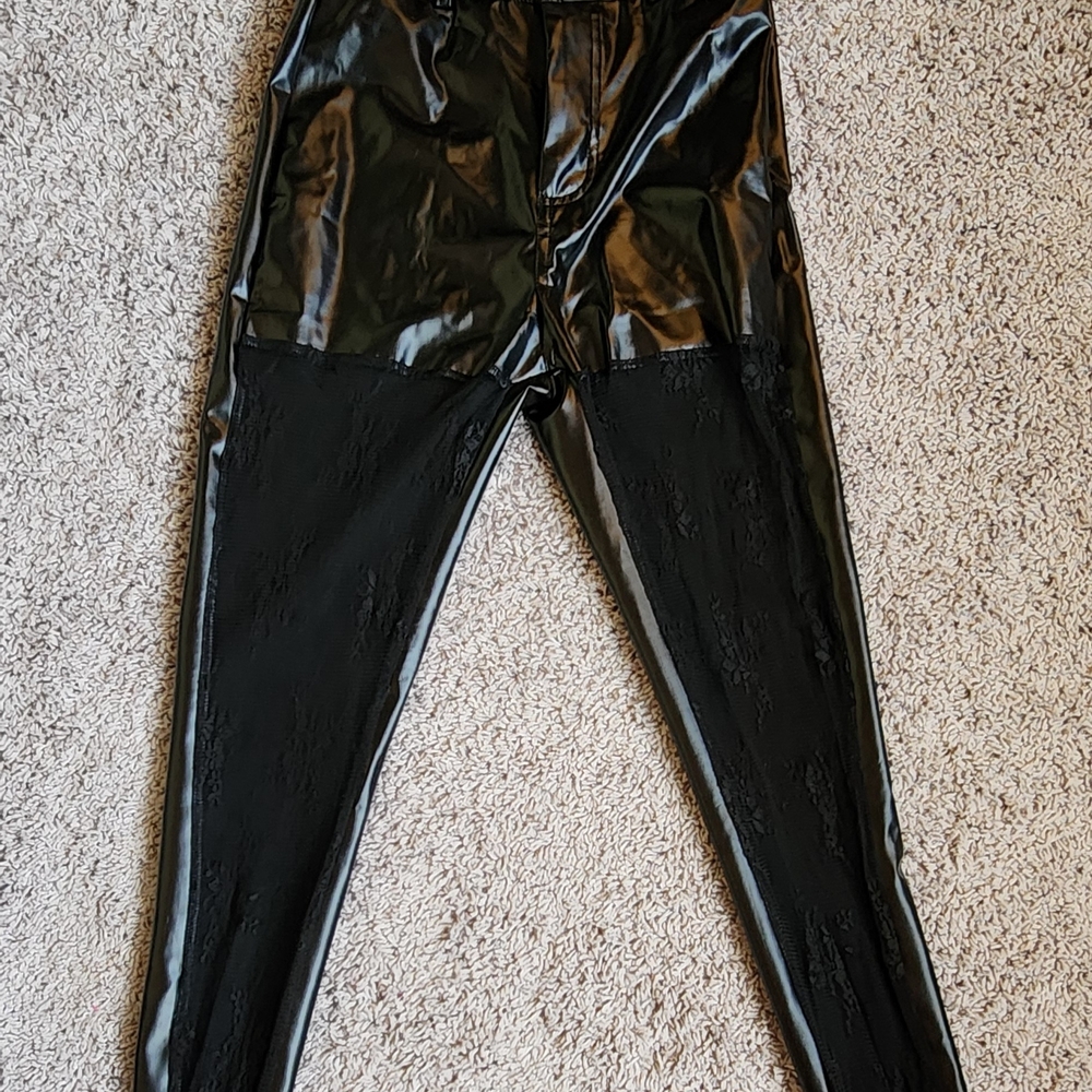 Black Shiny Slim-Fit Pants with Tapered Legs